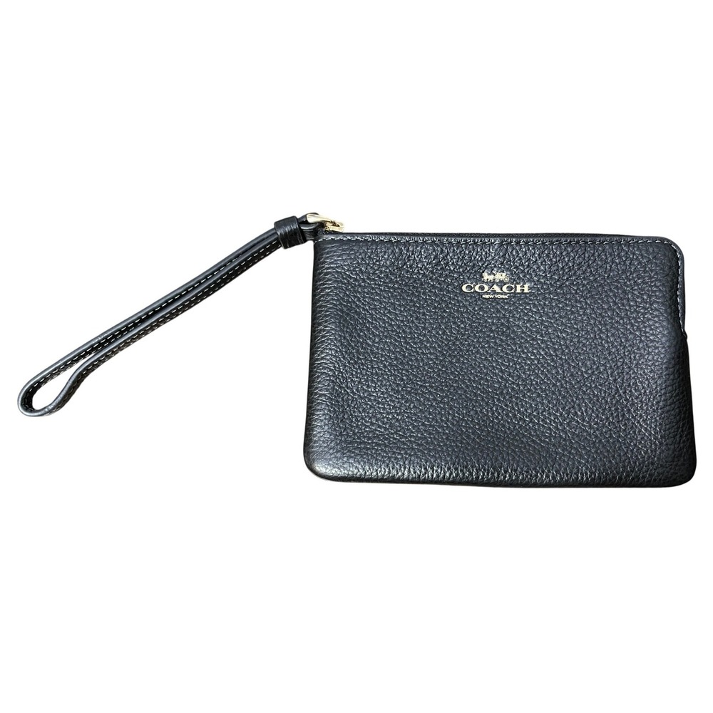 NWT Coach Corner Zip Wristlet Wallet Polished Pebble Leather Black CP483 IMBLK